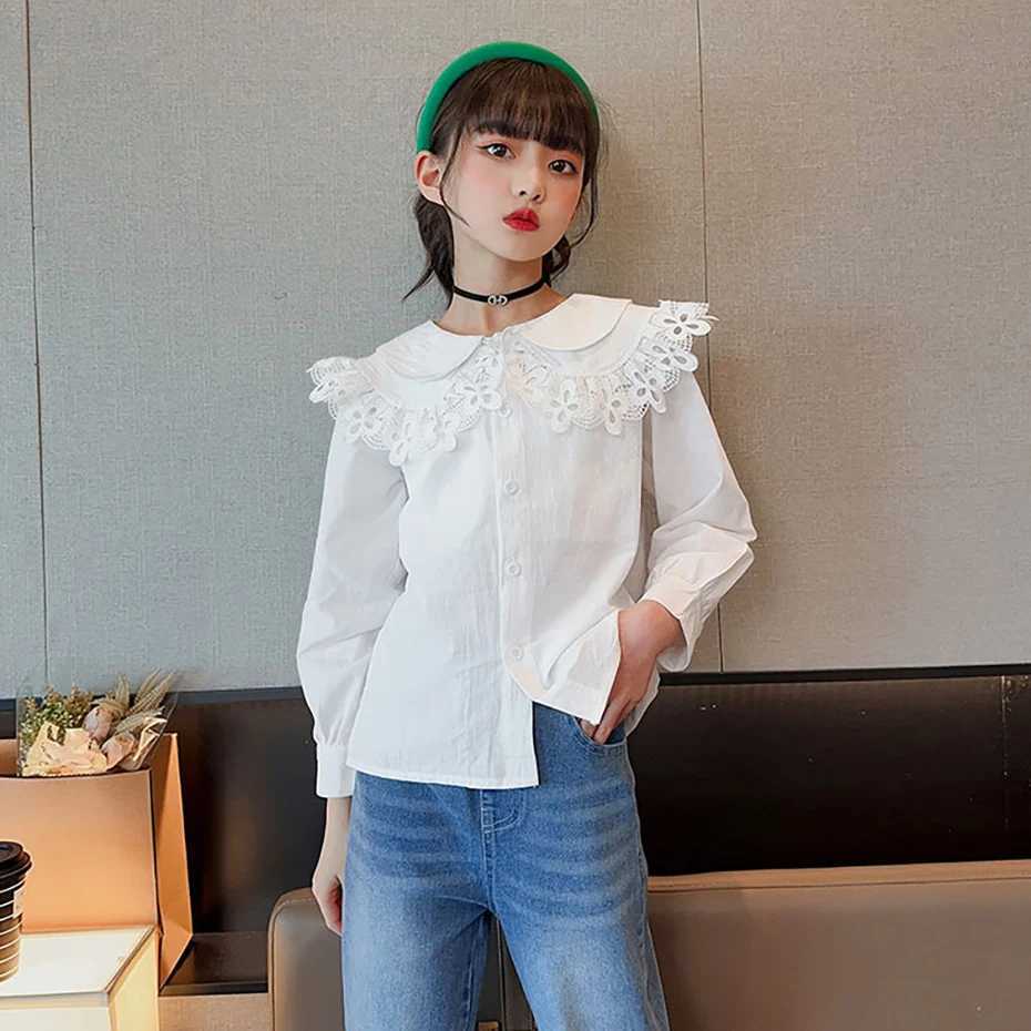 Girls white shirt solid color girls shirt spring autumn shirt childrens casual style school uniformW240729