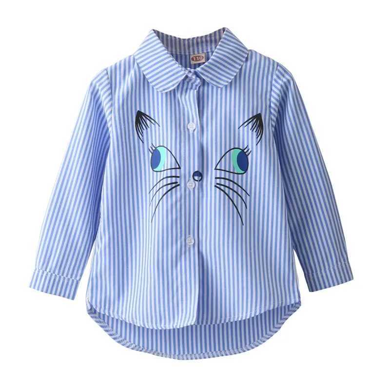 Fashion 2-7T childrens collar embroidered cartoon cat pattern long sleeved shirt topW240729