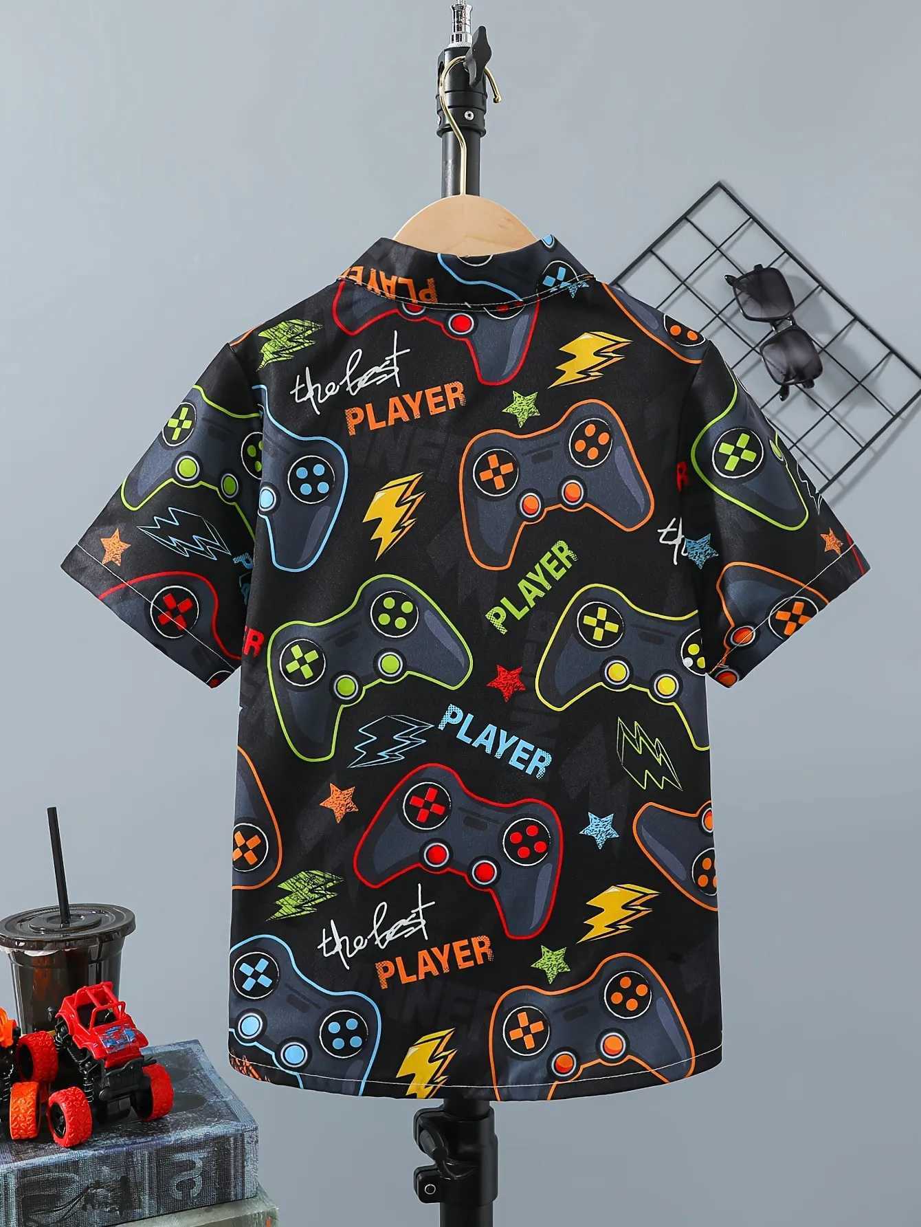Childrens clothing boys game board patterns fashionable shirts childrens clothing casual short sleeves creative summer tops with collarsW240729