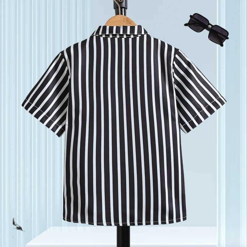 Summer black and white striped printed boys creative shirt casual short sleeved lapel shirt top baby boys clothing outdoor T-shirtW240729