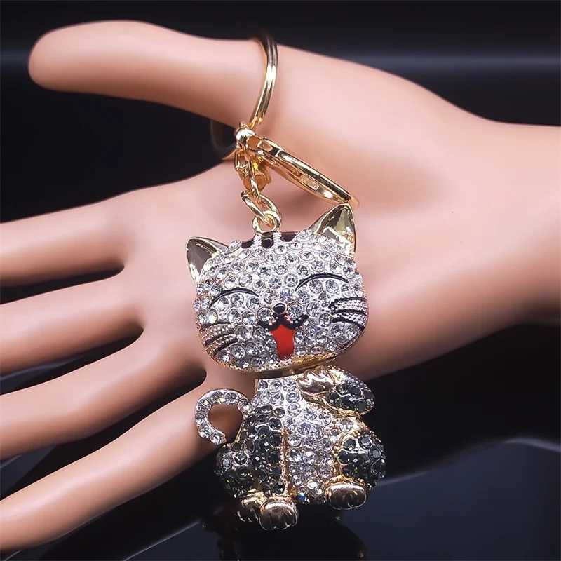 Cartoon Cat Keychain Rhinestone Gold Color Cute Kitty Keyring Holder Creative Gift Fashion Jewelry llaveros para mujerL240729