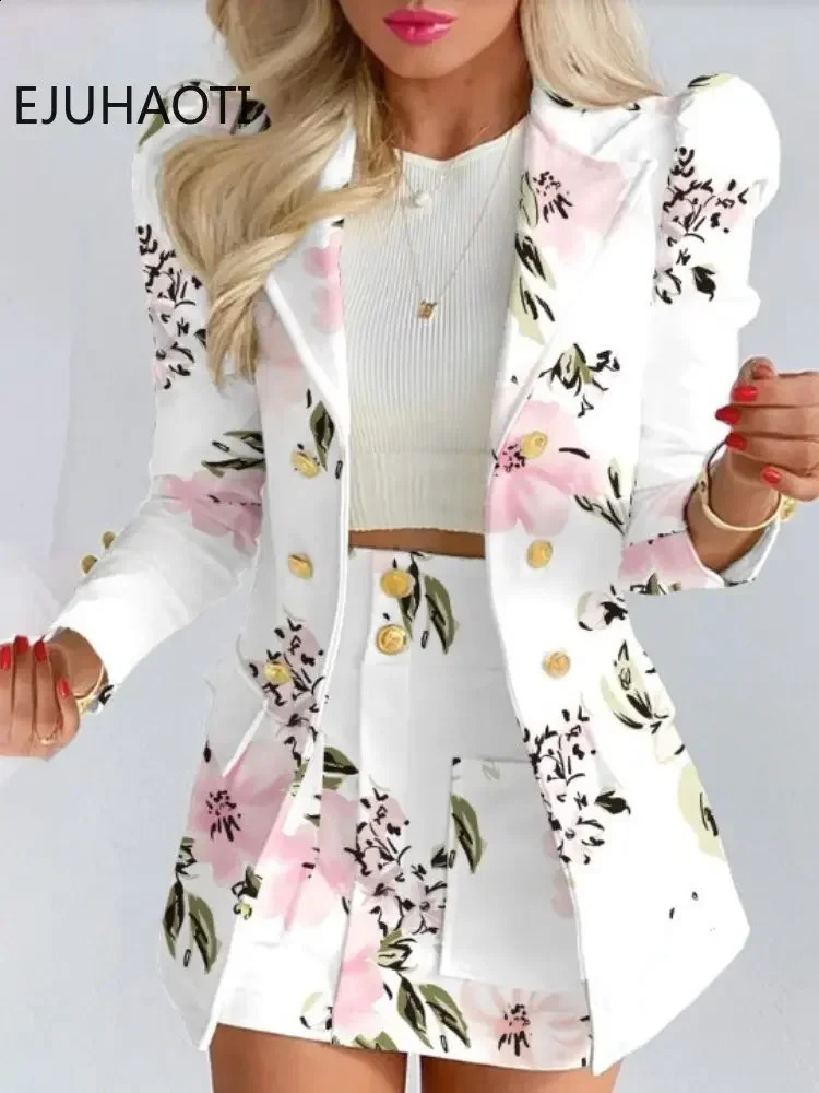 Womens Summer Long Sleeve Solid Color Jacket with Mini Skirt Twopiece Suit Tailleur Femme Blazer and Dress Sets 240729
