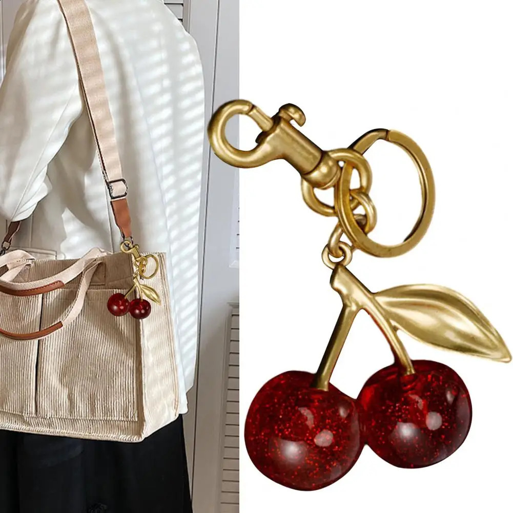 Cherry Charm Pendant Cherry Pendant Shoulder Bag Decoration Fruit Leaf Shape Keychain Exquisite Keyring Holder Glittery Resin 240729