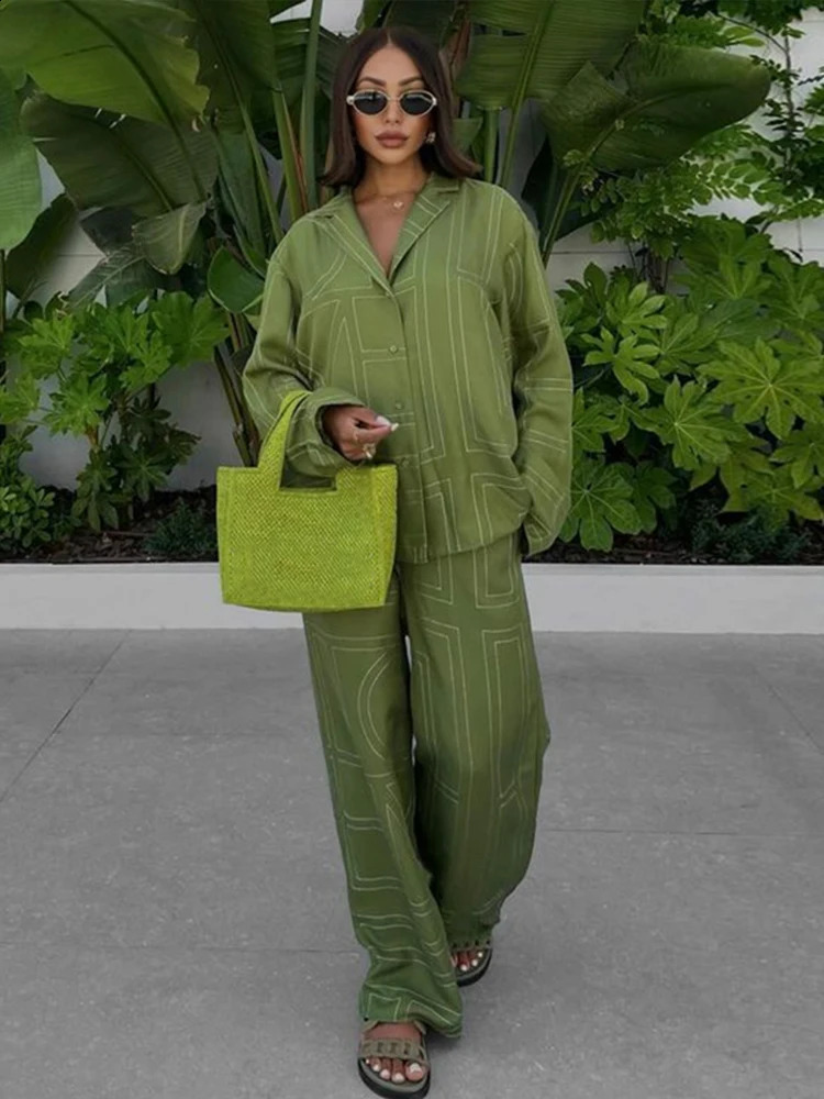Loose Geometry Print Shirt Pants Set Women Casual Lapel Long Sleeve Single Breasted Tops Wide Leg Pockets Trousers Two Piece 240729