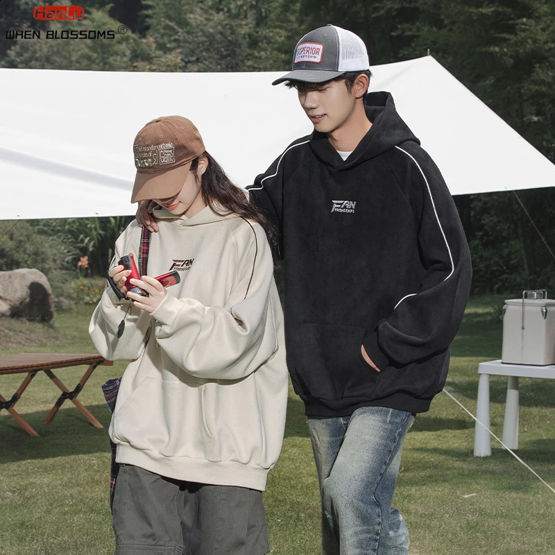 Autumn Winter High Quality Suede Embroidery Hoodie Japanese Streetwear Hip Hop Sweatshirt Men Clothing Korean Fashion pullover 240729