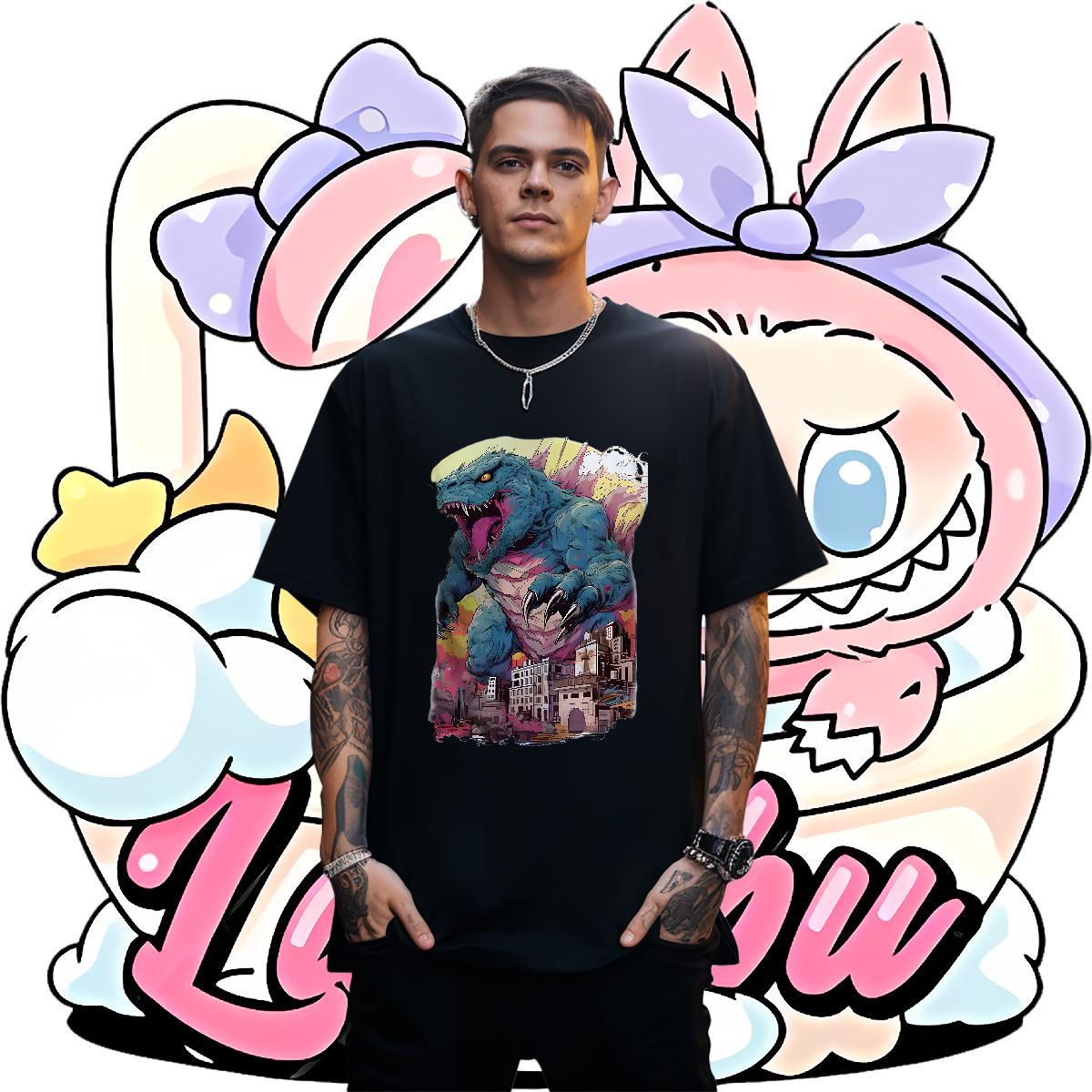 Wholesale Mens Tshirts 230g Pure Cotton Street dinosaur Oversized Short Sleeve O-Neck Brand T Shirts Men Top Tees