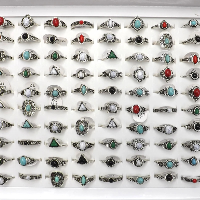 XiaoTYM 50 antique silver vintage style rings with mixed stones suitable for women 240723