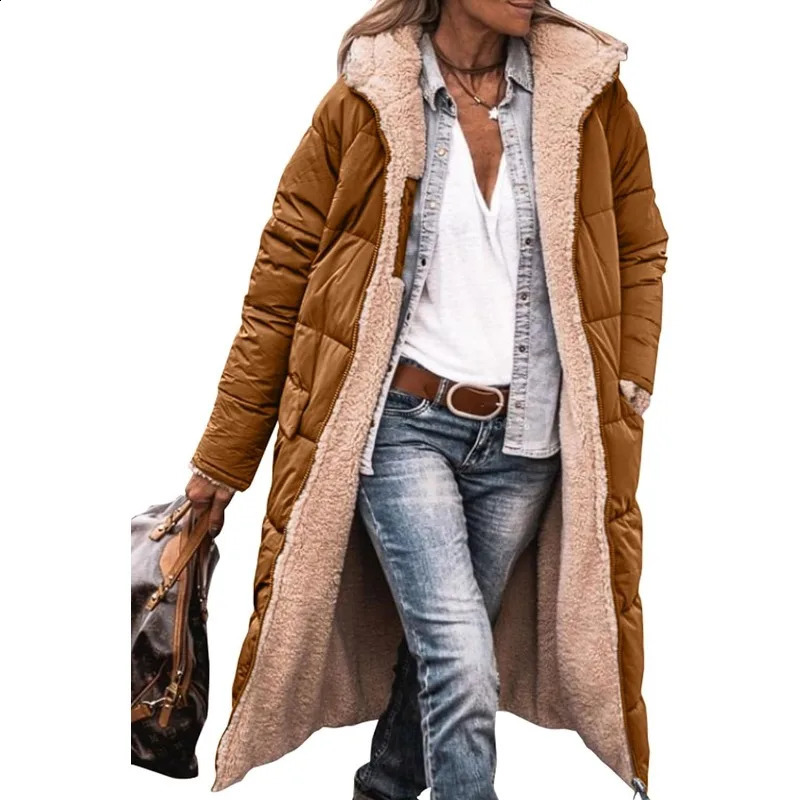 Womens Warm Winter Coats Reversible Sherpa Fleece Long Hooded Puffer Jackets Outerwear 240729