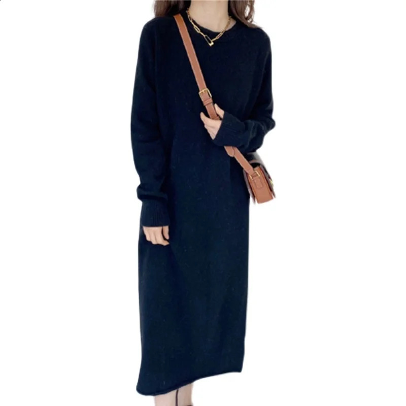 Autumn and winter European cashmere dress womens medium length loose thick knit sweater over the knee with 240717