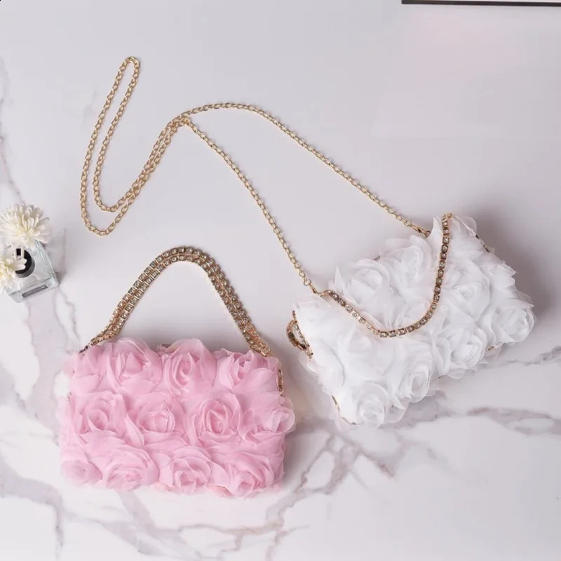 3D Flower Chiffon Evening Handbag Champagne Womens Wedding Dress Purse Diamond Chain White Clutch Soft Fabric Bolso Fiesta Pink 240729
