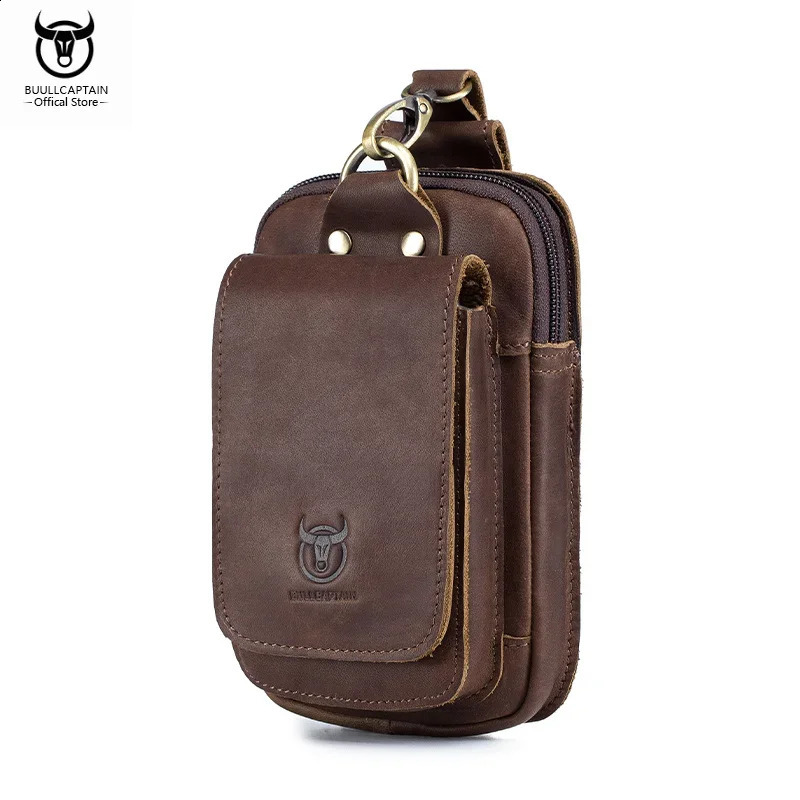 BULLCAPTAIN Mens Genuine Leather Waist Bag Retro Casual 6.7-Inch Mobile Phone Bag Multifunctional Double Layer Waist Bag 240729