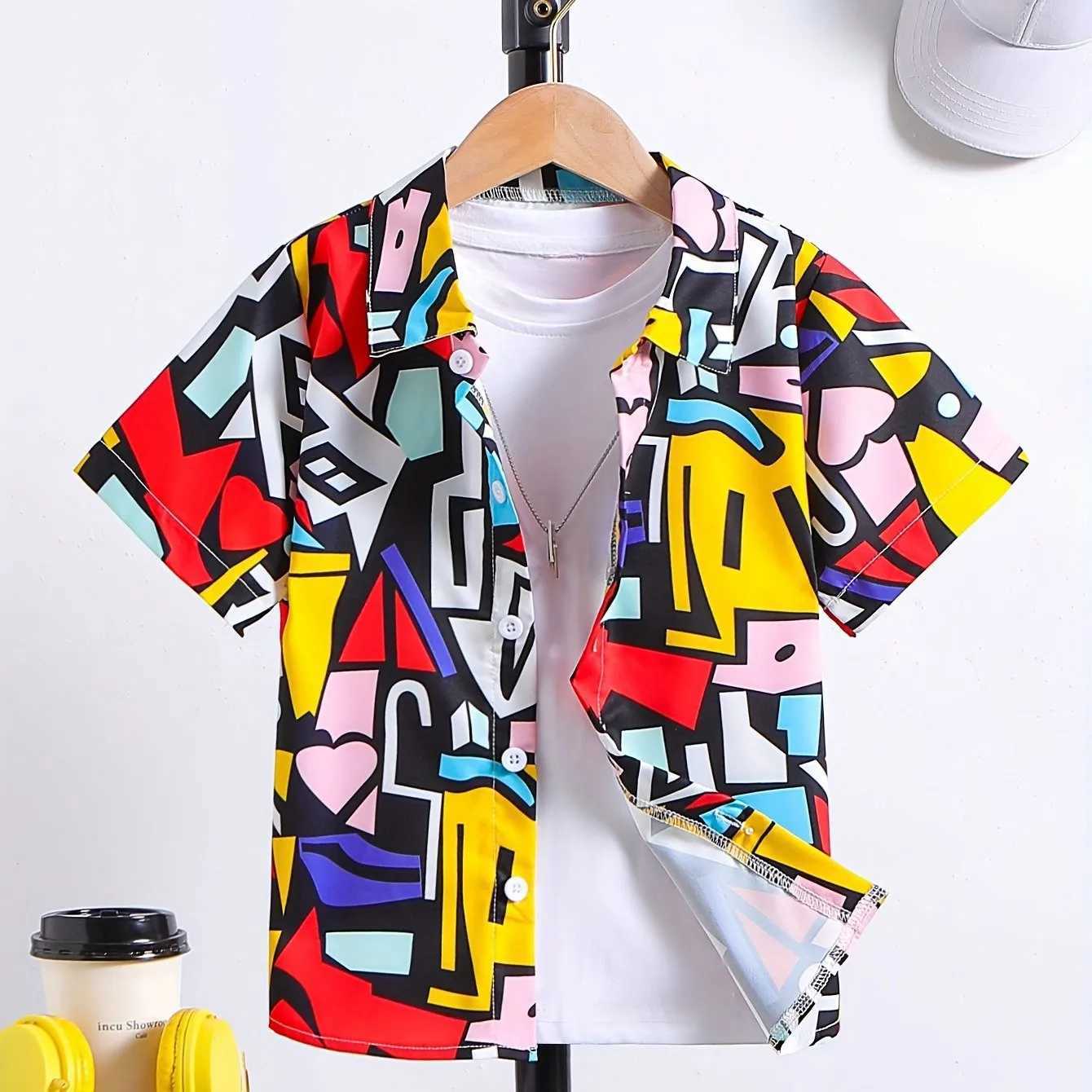 Childrens clothing boys game board pattern fashionable shirt childrens fashion clothing casual short sleeved creative T-shirt with collar topW240729