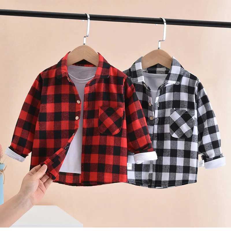 Childrens shirt 2-8Y boys spring and summer long sleeved checkered shirt childrens cardigan topW240729