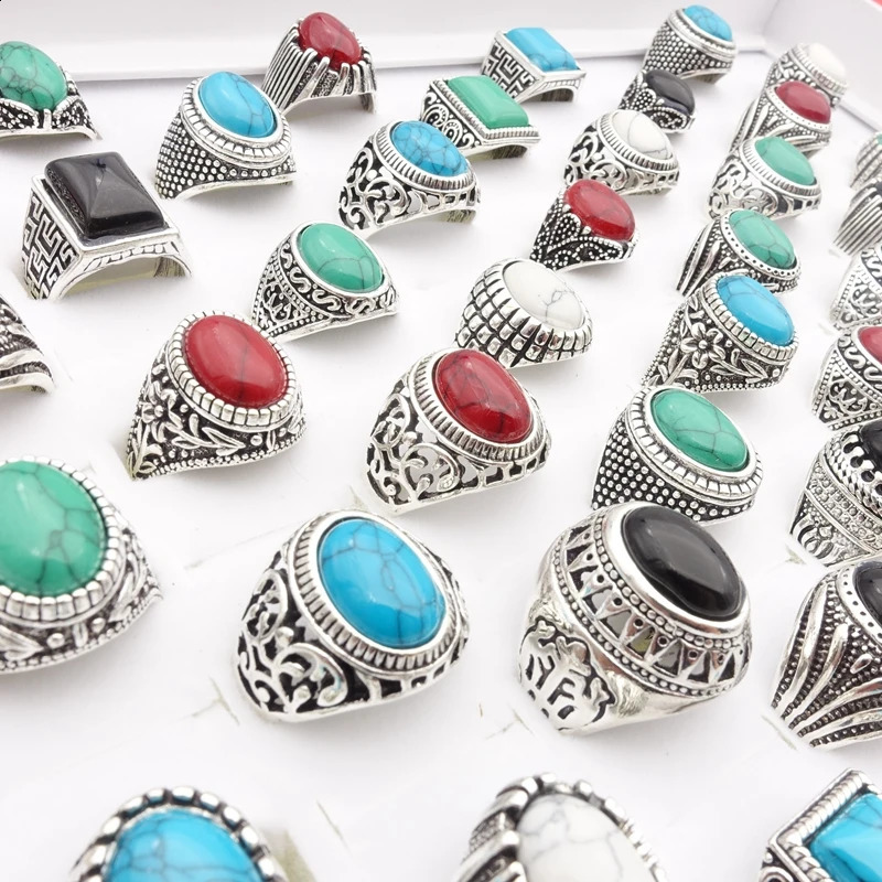 2050100 pieces of vintage silver plated rings suitable for wholesale mens gold fashionable fingers jewelry and glass stone 240723