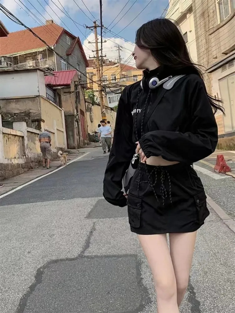 Twopiece Y2k Cropped Zipper Sweatshirt Skirt Black Dress Sets Streetwear Harajuku Girls Sportswear Suits Women Clothing Trends 240729