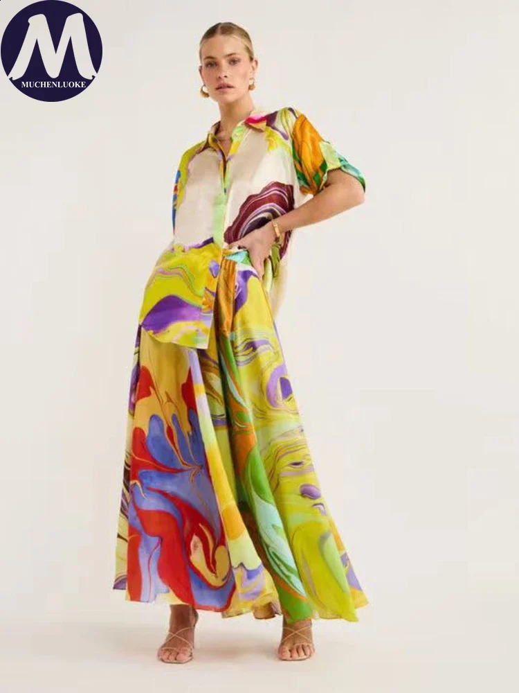 Elegant 2piece Sets for Women Summer Fashion Printing Half Sleeved Shirt Top Suits Casual Loose Lace Up High Waisted Skirt Set 240729