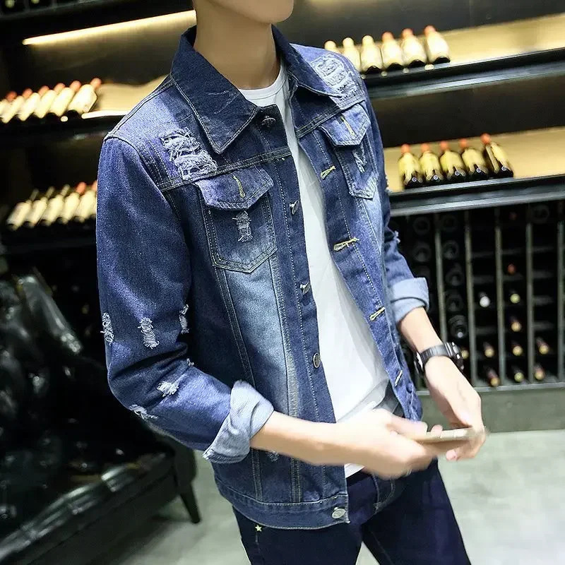Mens Denim Jacket Slim Fit Ripped Autumn Male Jean Coats with Hole Button Rock One Piece of Fabric Fast Delvery on Board In 240729