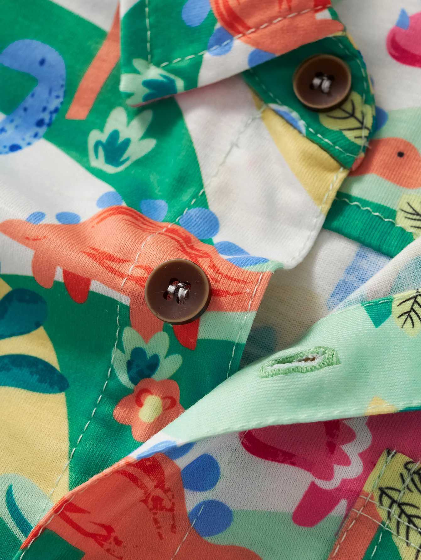 Boys casual color contrast short sleeved cartoon dinosaur full body print summer fashionW240729