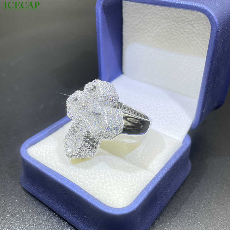 Custom Men's Jewelry: Iced-Out Moissanite Sterling Silver Cross Ring Featuring Shimmering Gemstones