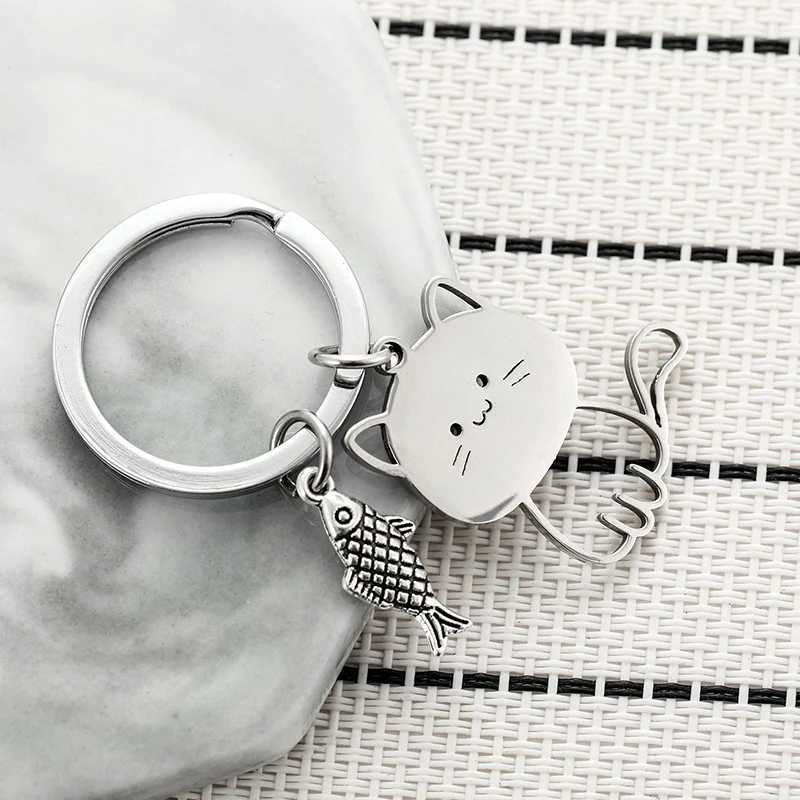 Funny Cartoon Cat Fish Keychain Couple Lovers Stainless Steel Keyring Lovely Pendant Key Chain Valentines Day Gift JewelryL240729