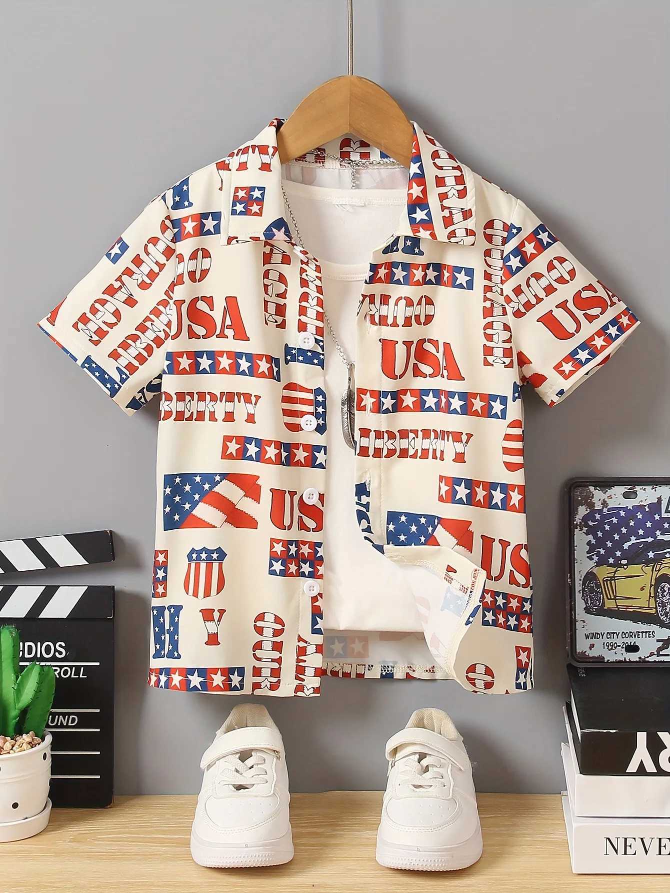 American Flag Prince Boys Creative Collar Shirt Lightweight and Comfortable Short Sleeve Top Boys Summer TopW240729