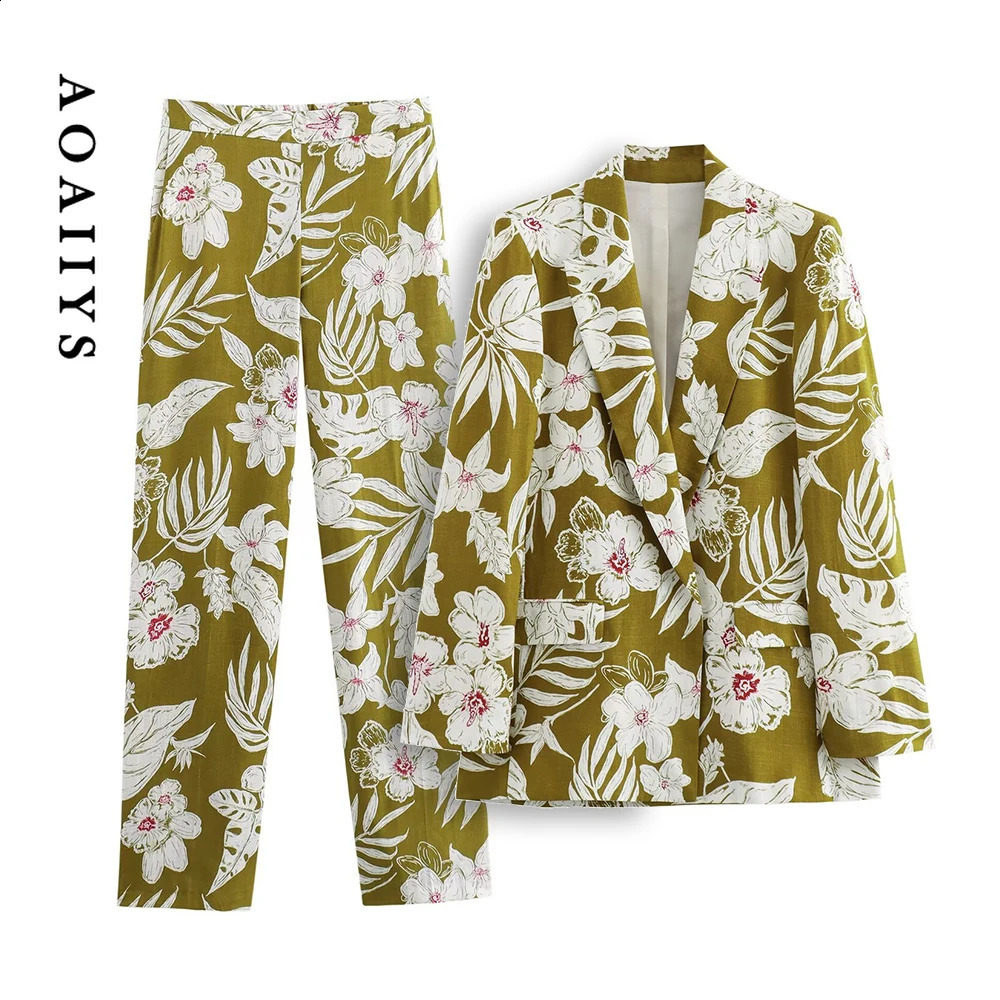 Aoaiiys Print Pants Suits for Woman Blazer Floral Long Sleeve Coat Two Piece Sets Office Lady 2 Pieces Women Outfits 240729