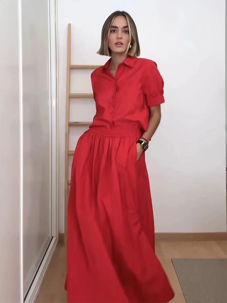 TRAF Women VintageTwo Piece Skirt Set Summer Short Sleeve Shirts Long Casual Matching Suit Outfits 240729