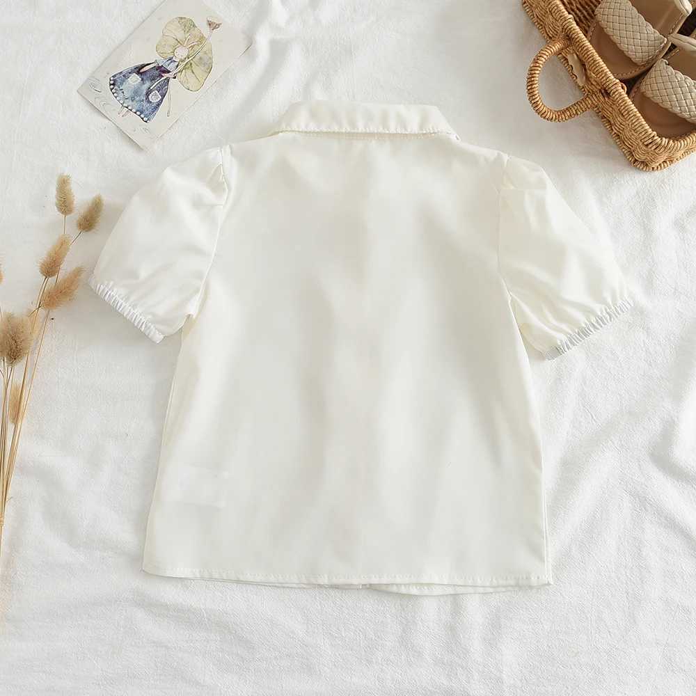 Menoea New Fashion Shirt Childrens Girls Summer Childrens Short sleeved Shirt Collar Lace Basic Shirt White ShirtW240729