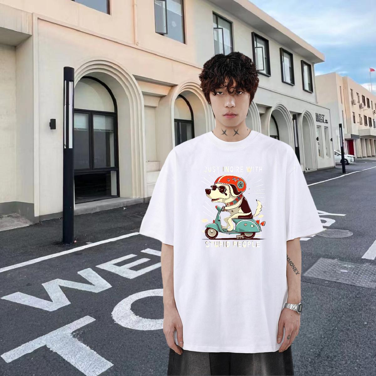 Loose Fit Men Tops Tees 230g Cotton Hip Hop dog White Plus Size Pure Cotton 2024 New T-Shirts Clothings