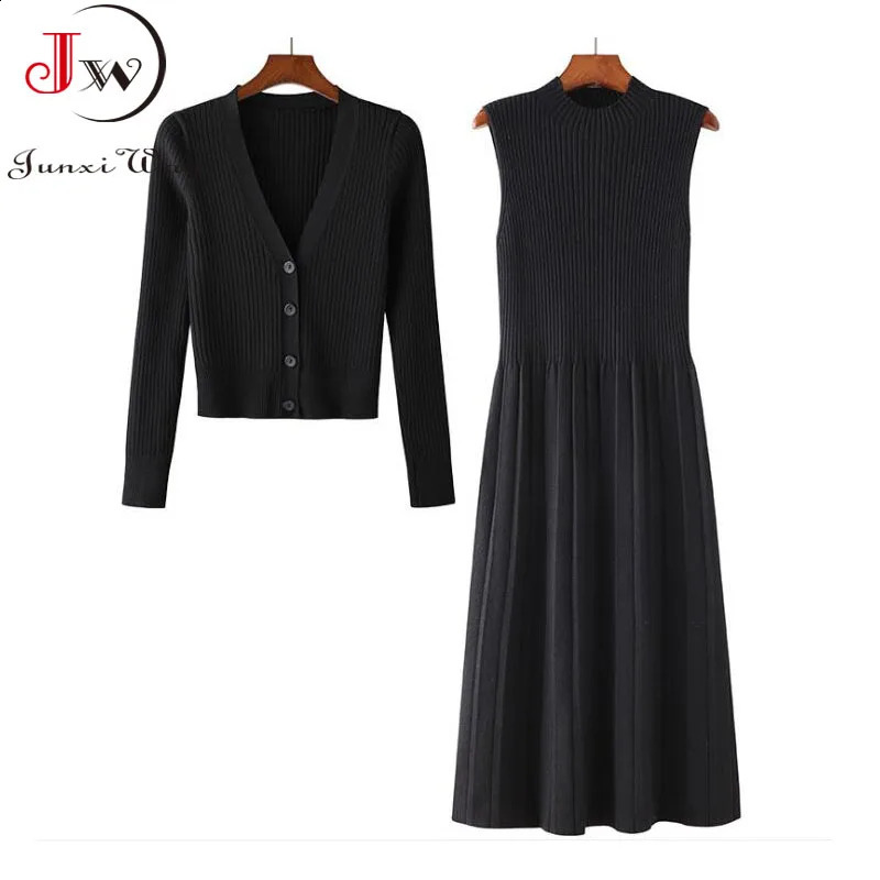 Women Suit Knitted Sweaters and Dress Two Pieces Set Autumn Winter Solid Casual Knitwear Cardigans Jumpers Pull Femme 240729