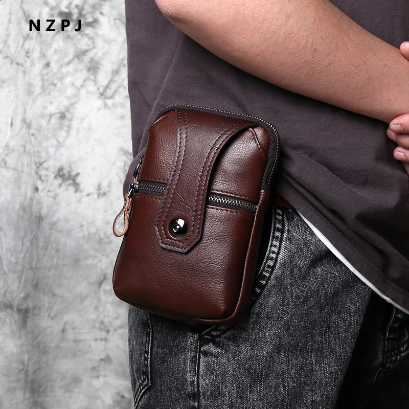NZPJ Leather Mens Waist Bag Top Layer Cowhide Casual Mobile Phone Bag Wear Belt Vertical Shoulder Messenger Mobile Phone Bag 240729
