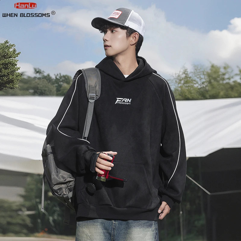 Autumn Winter High Quality Suede Embroidery Hoodie Japanese Streetwear Hip Hop Sweatshirt Men Clothing Korean Fashion pullover 240729