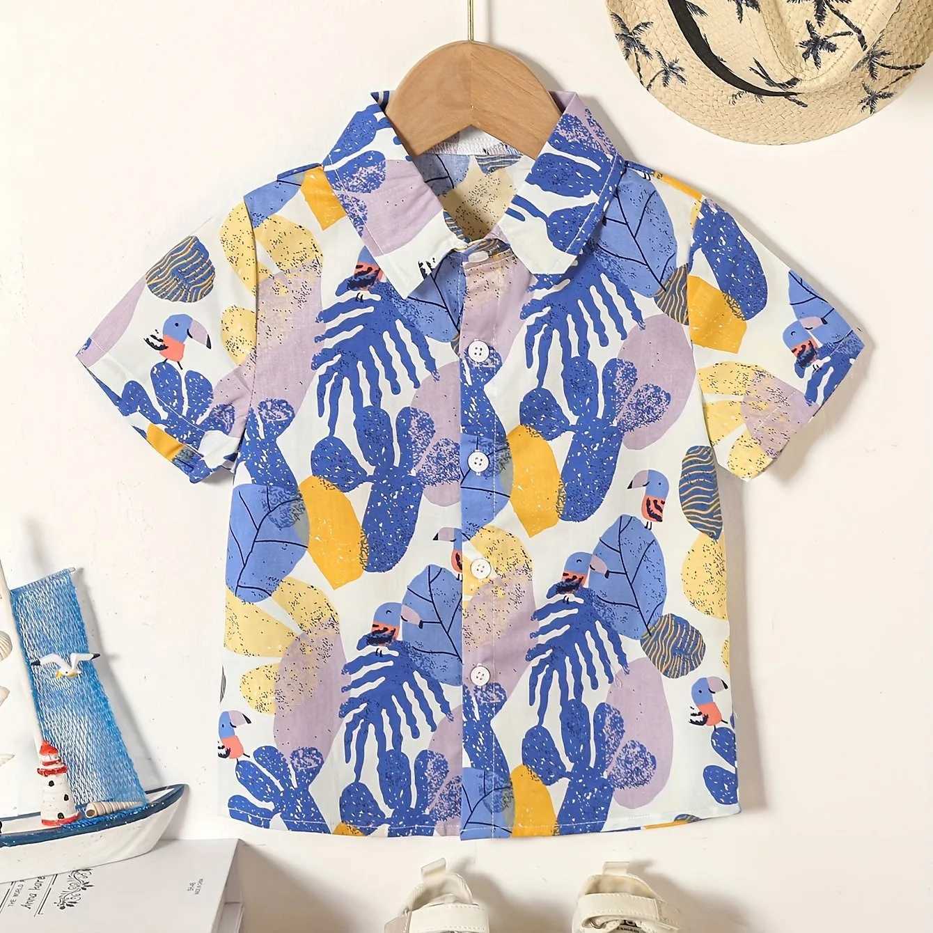 Boys Summer Holiday Party Style Flower and Leaf Full Print Childrens Short Sleeve Collar Shirt Childrens Summer TopW240729