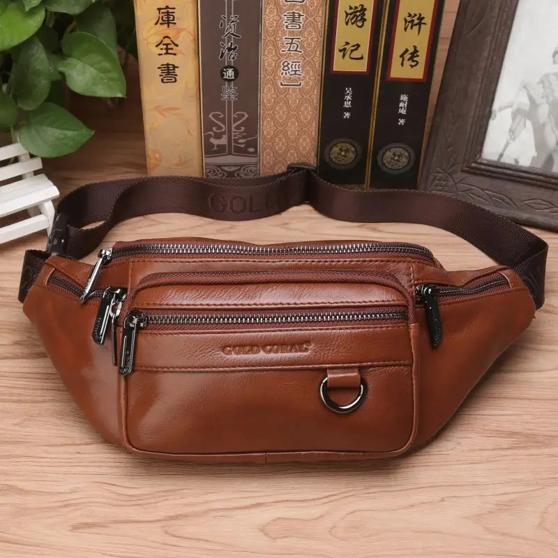 Real Cowhide Men Hip Fanny Belt Pack Pouch Single Shoulder Cross Body Bags Male Genuine Leather Bum Waist Chest Bags 250103