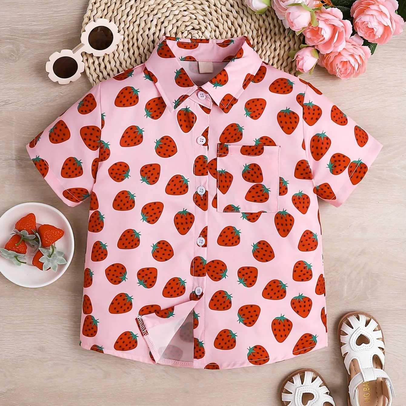 Girls cute sweet print style short sleeved shirt lightweight summer vacation top fashion collarW240729