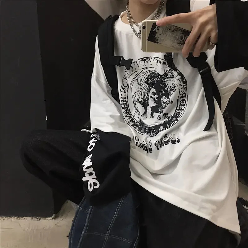 Mens ultra-fine T-shirt summer mens clothing unisex long sleeved T-shirt street clothing Harajuku Gothic punk top dark Y2k loose anime T-shirt 240826