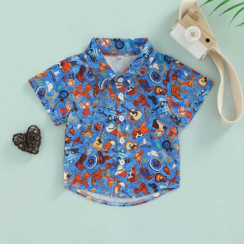 Boys summer shirt with cartoon pattern printing childrens lapel collar short sleeved shirt button up childrens clothingW240729