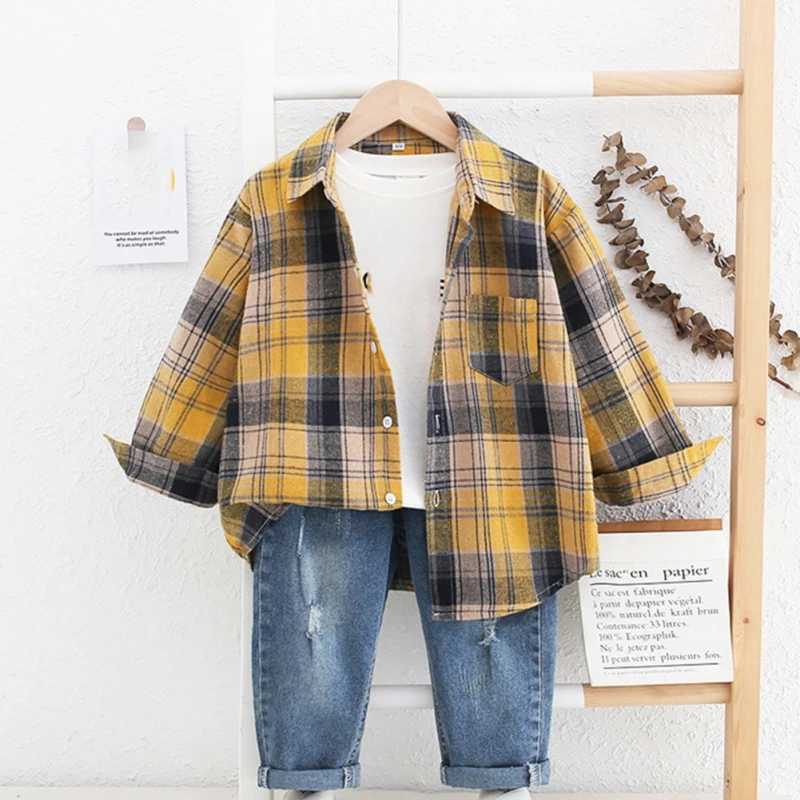 Fashion plaid casual thin shirt for children boys and girls cotton soft long sleeved T-shirt for children four seasons school topW240729