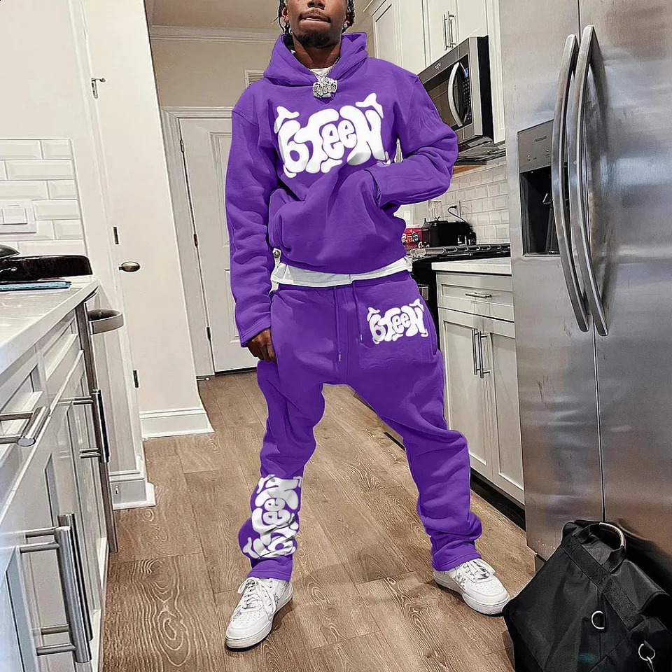 Mens Autumn Winter Hoodie Suit Two-piece 3D Printed Sportswear Casual Bell Pants Sportswear Set Y2k Streetwear Mens Clothing 240729 - view 5