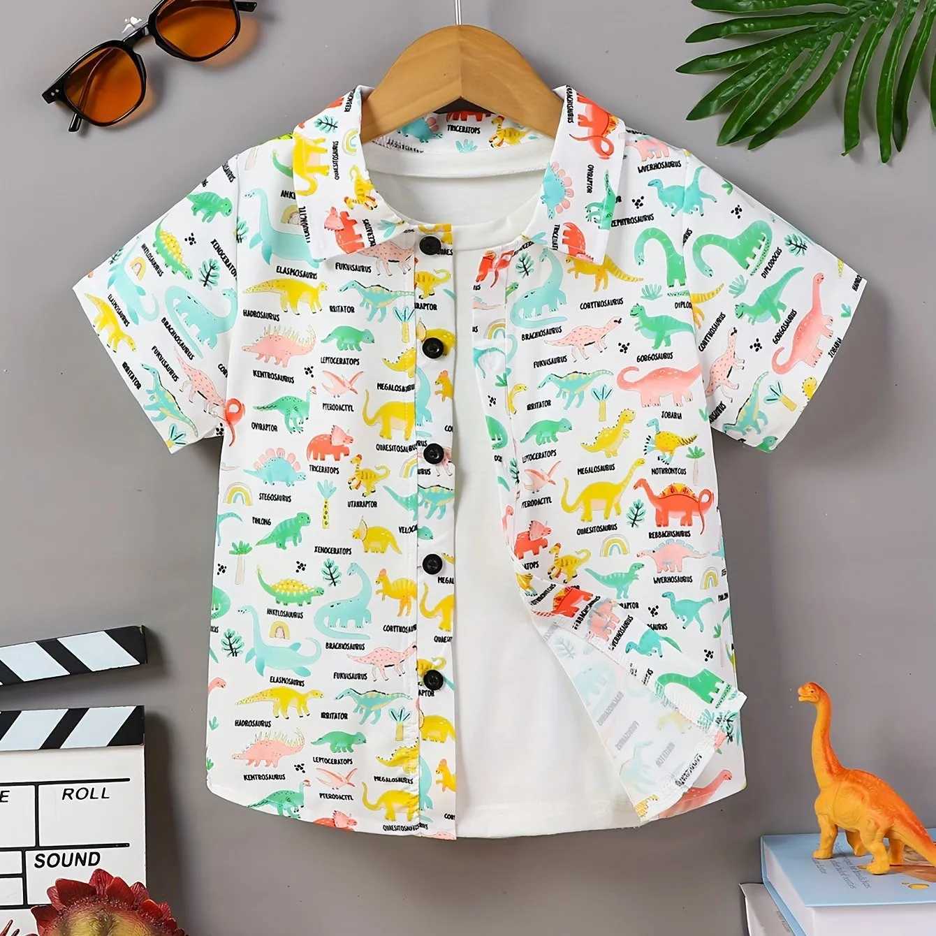 Childrens clothing summer shirt boys party style flower and leaf 3D printed short sleeved lapel childrens T-shirtW240729