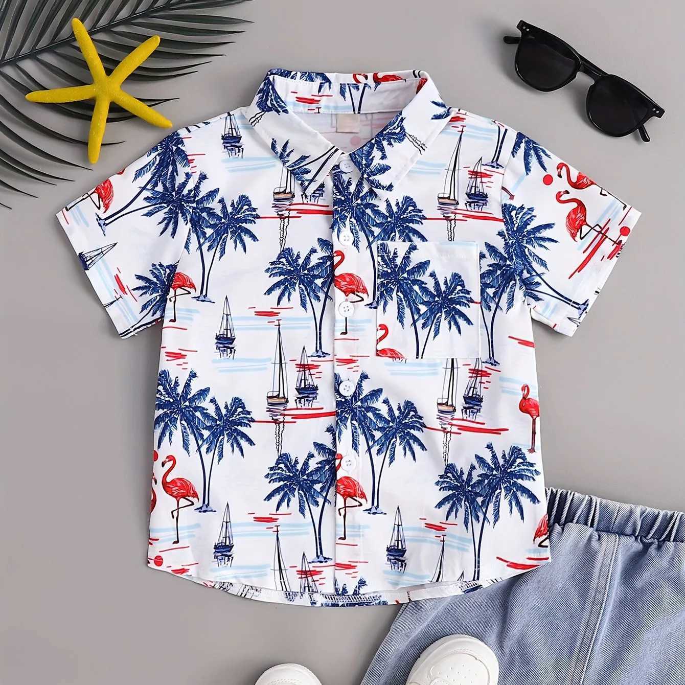 Boy cartoon animal flower pattern cute short sleeved casual comfortable button loose breathable summer holiday collar shirtW240729