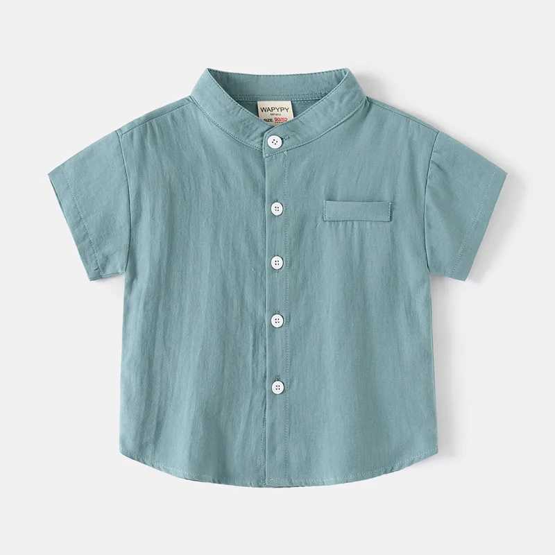 Childrens short sleeved shirt 2024 summer boys V-neck cotton shirt baby casual loose top 2-7-year-old childrens solid color T-shirtW240729