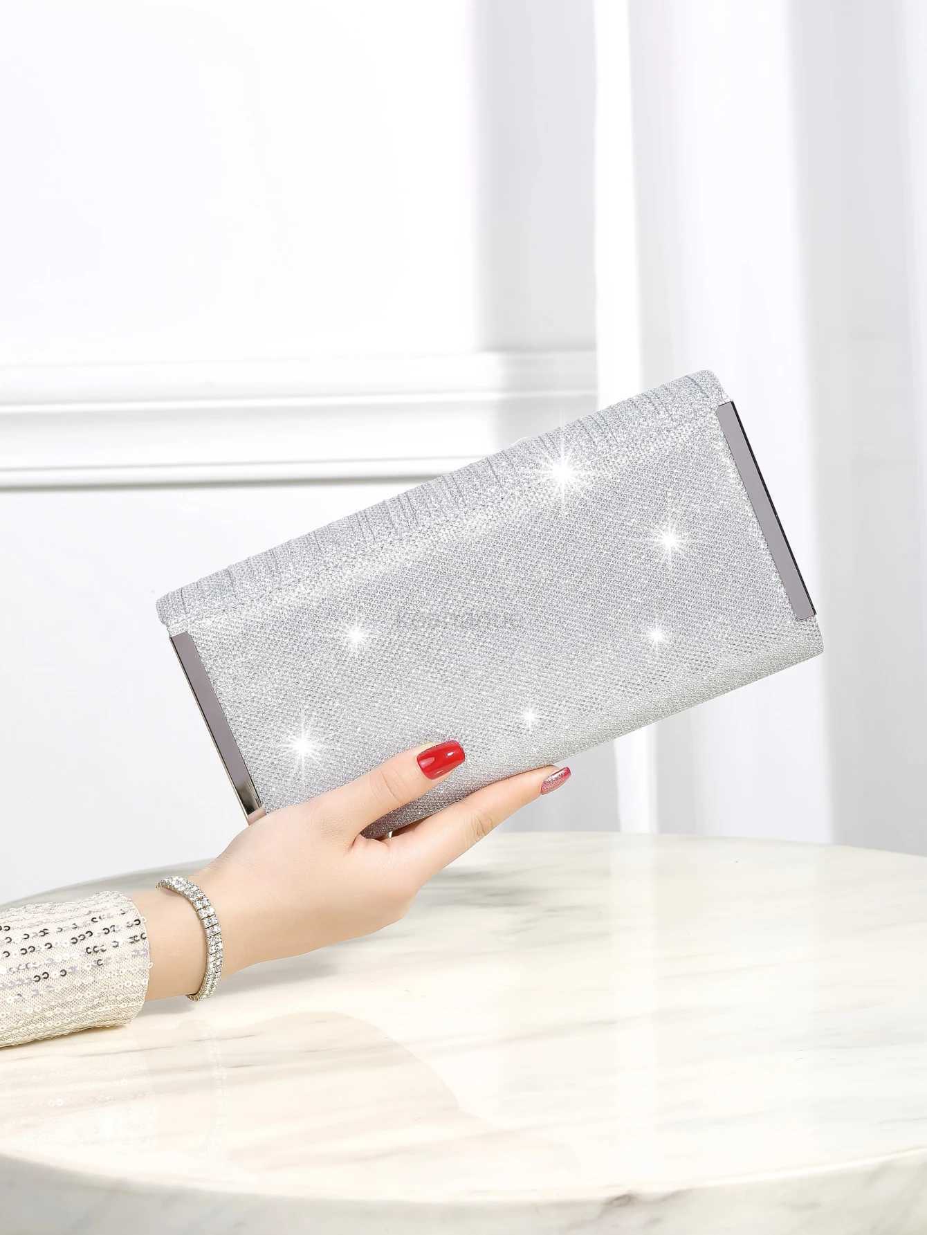 Luxurious shiny metallic patchwork envelope clutch with magnetic snap fastener elegant and stylish evening bagXJ240729