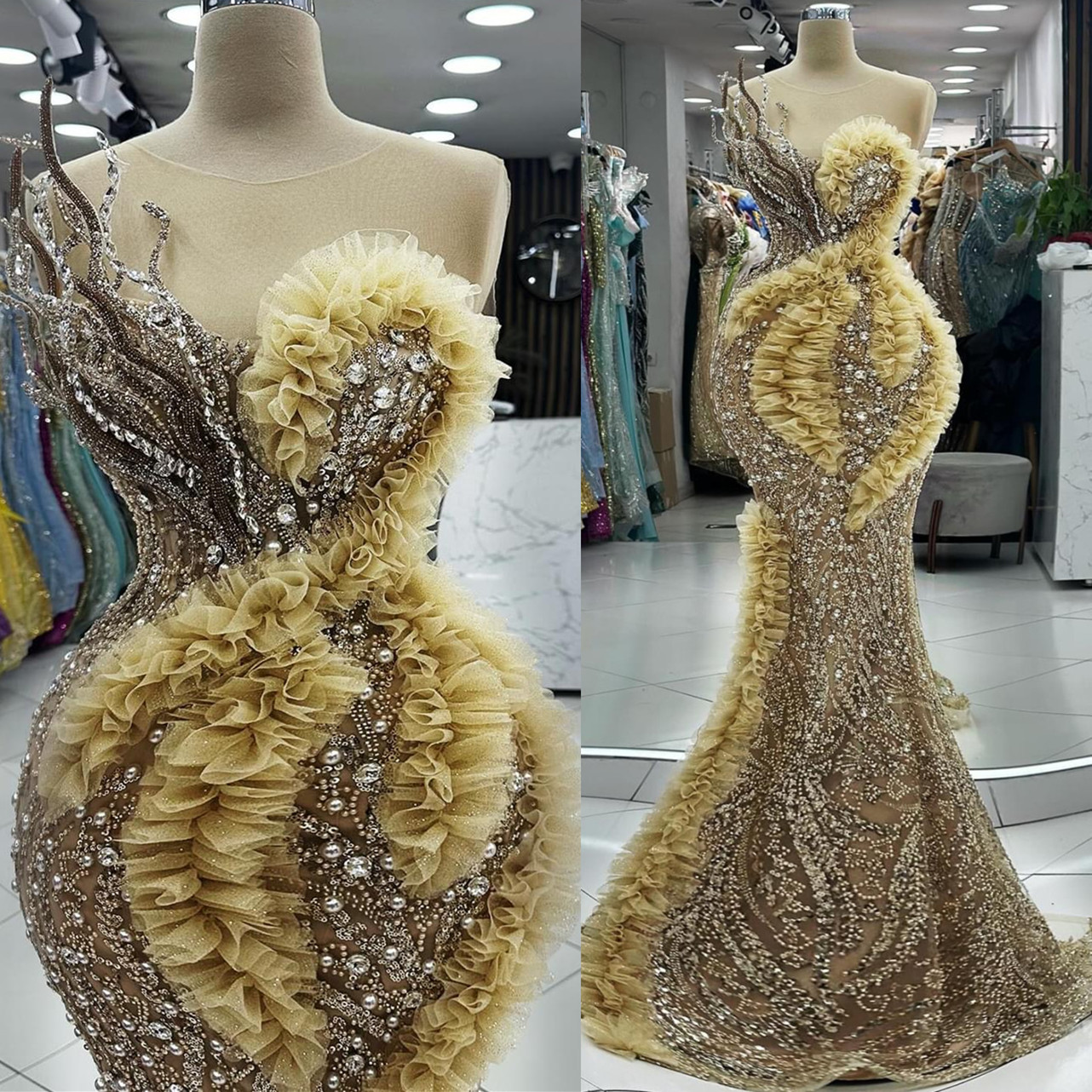 2024 Plus Size Gold Illusion Mermaid Prom Dress Lacefull Promdress Pearls Crystals Evening Formal Party Second Reception Birthday Engagement Gowns Dre