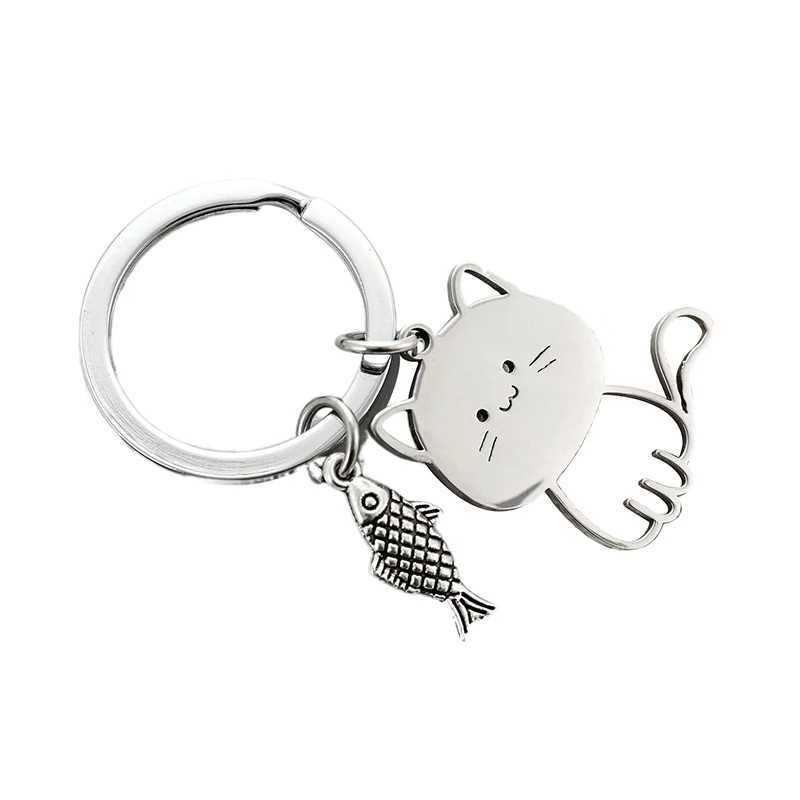 Funny Cartoon Cat Fish Keychain Couple Lovers Stainless Steel Keyring Lovely Pendant Key Chain Valentines Day Gift JewelryL240729