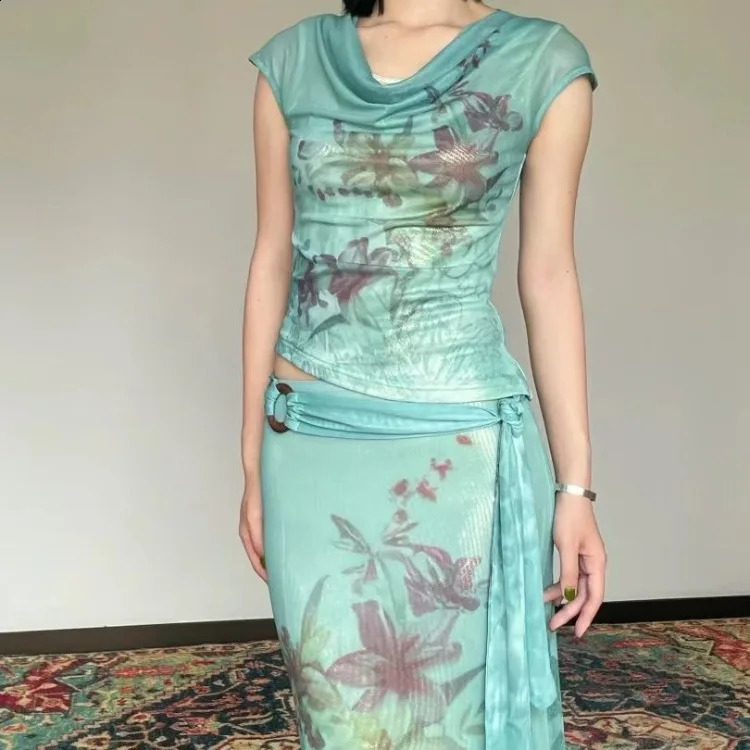 Vintage Thin Fashion Print O-neck Short Sleeve Tops Women Y2k Slim Waist Bodycon Skirts Summer Two Piece Sets 240729