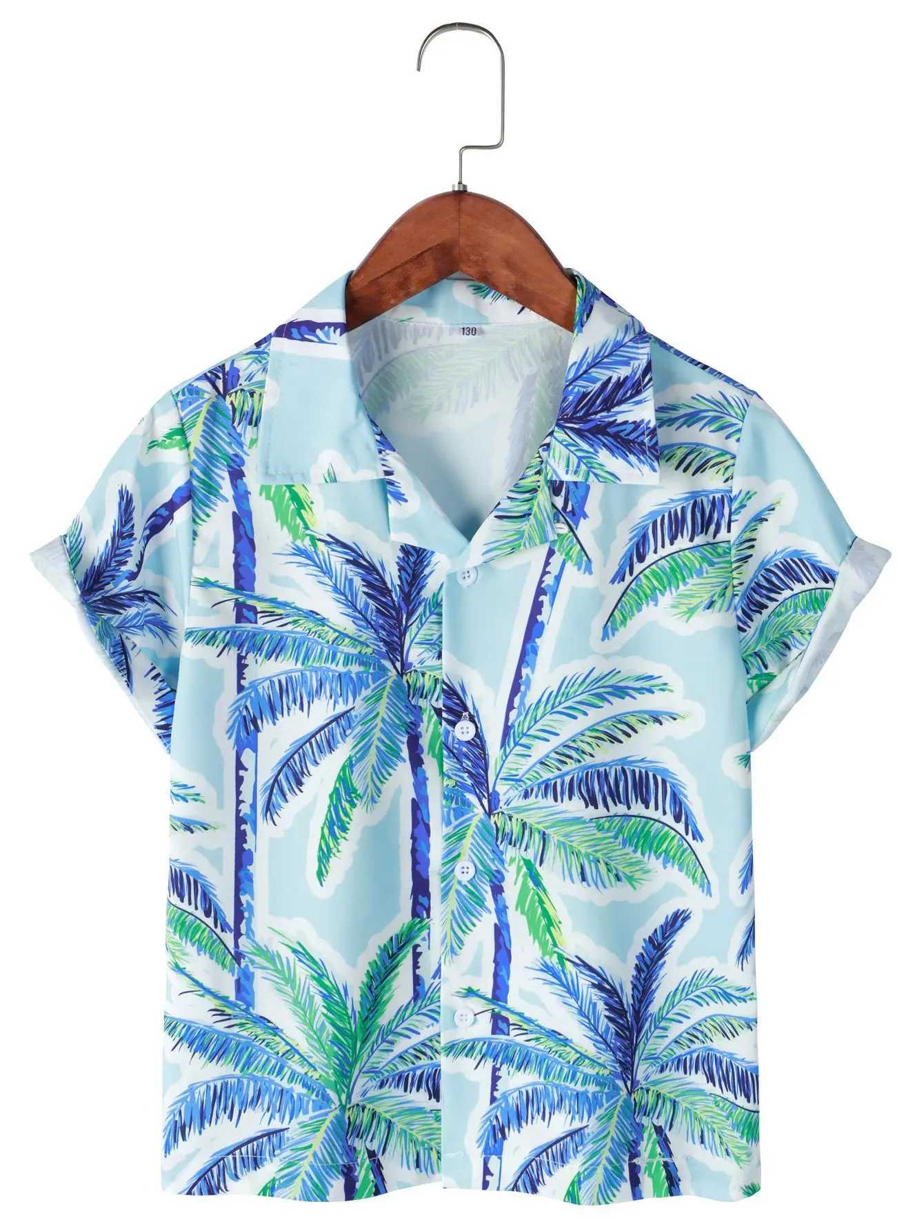 Cool and comfortable vacation style casual palm tree print shirt for boys in summerW240729