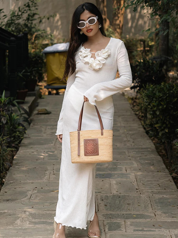 3d Floral V-neck Women Maxi Dress Solid Long Sleeve Split Slim Female Dresses 2024 Spring Summer Beachwear Ruffles Lady Robe 240729