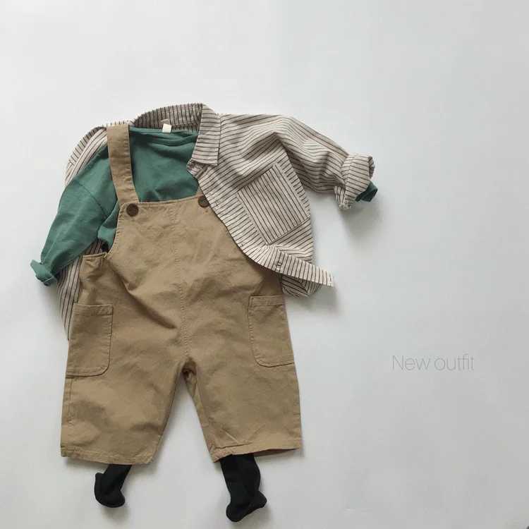 Autumn new childrens long sleeved lapel shirt baby boy linen cotton casual top fashionable girl striped loose jacket childrens clothingW240729