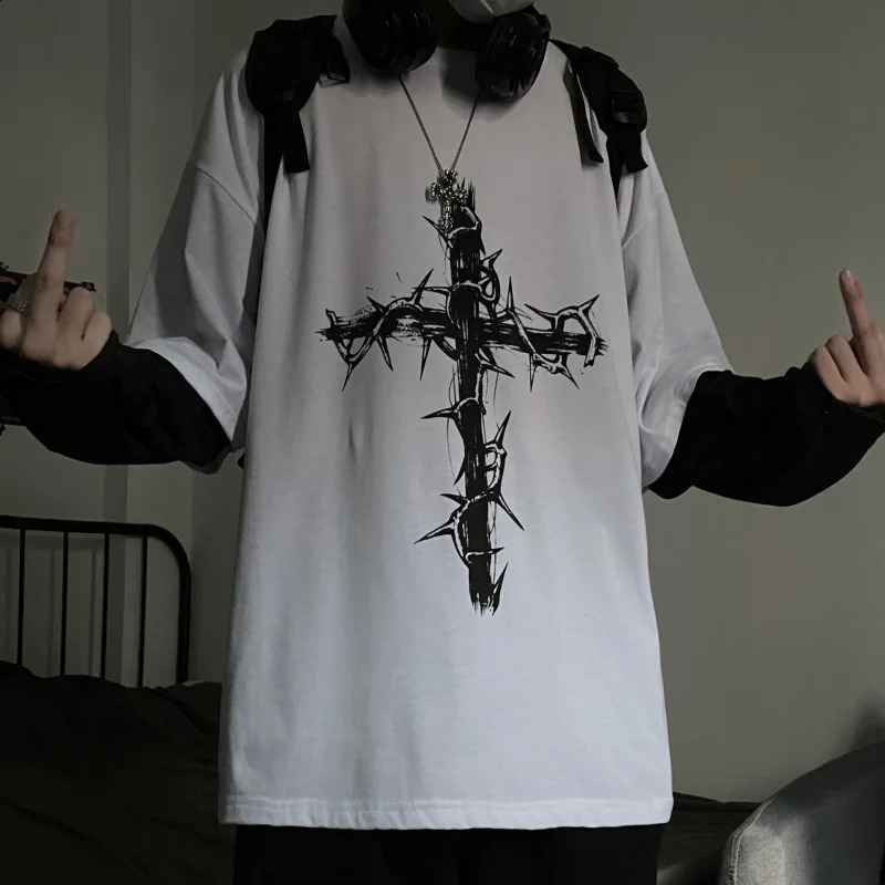 Y2k T-Shirt Mens Casual Printed Cross Long Sleeve T-Shirt Fashion Anime Harajuku Streetwear Hip Hop Versatile Loose Tee Tops 240812
